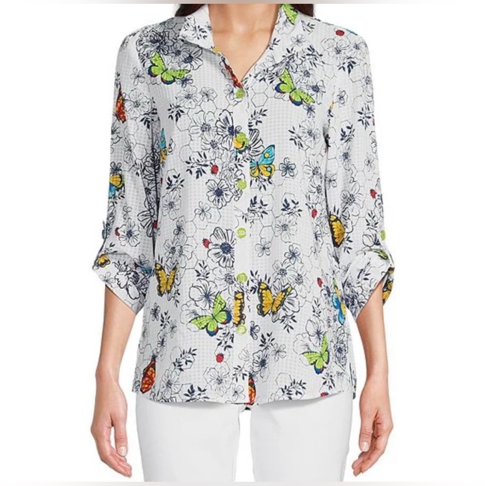 Ali Miles Floral Butterfly Ladybug Print Button Up Blouse Top 1X